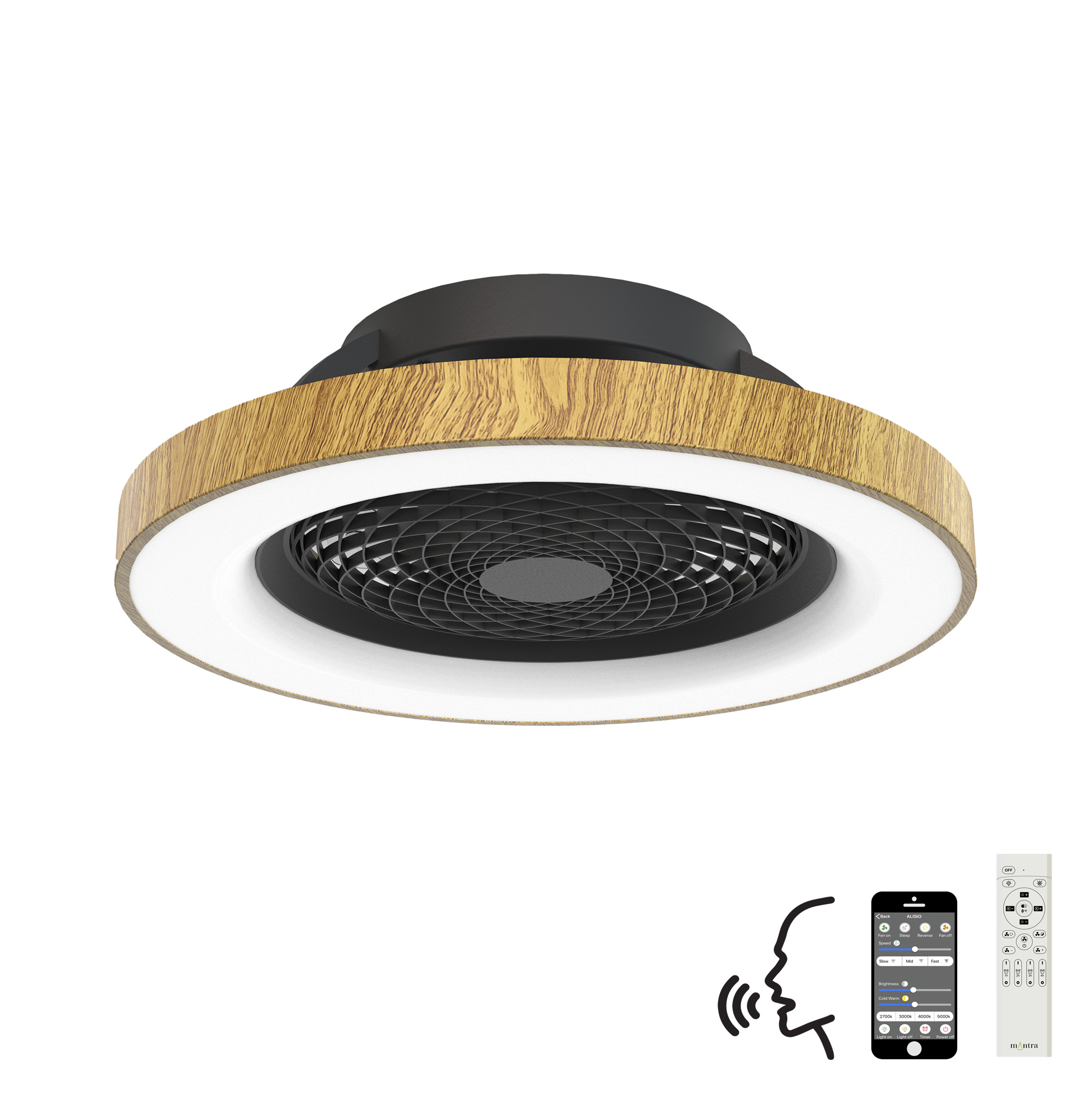 M7127  Tibet 70W LED Dimmable Ceiling Light & Fan, Remote / APP / Voice Controlled Wood Effect/Black